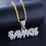 Hip Hop Ice Out Square Crystal S-A-V-A-G-E Letter Pendant Necklace for Men