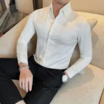 Men's Social Shirts Quality Korean Luxury Clothing Plain Color Long Sleeve - Image 4