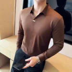 Men's V-neck High Elastic Non-marking POLO Shirt High Quality Long Sleeved - Image 5