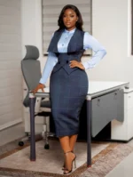 New Sexy Button-Down Plaid Pencil Skirt Slim Fit 2-Piece Set | Women's Seasonal Plaid Sleeveless Vest and Business Meetings