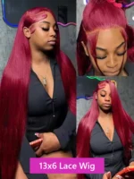 99J Burgundy Straight Wig 200% Density Remy Hair 13x6 HD Transparent Lace Frontal - Image 3