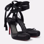 European and American Niche High-heeled Square Toe Ankle Strap Satin Bow