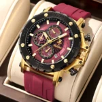 YaLaLuSi Big Dial Two Tone Gold Black Men Chronograph Watch Burgundy Red Silicone Strap