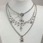 3pcs Vintage Gothic Star Studded Cross Pendant Necklace Set, Layered