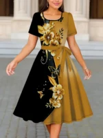 Women Floral Print A-Line Dress O Neck Short Sleeve Tie Waist Casual Midi Dress - Image 2