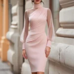 Women Mock Neck Mesh Long Sleeve Midi Dress Asymmetric Ruched - Image 3