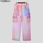 INCERUN 2025 Men Pants Mesh Gradient Button Oversize Pockets Straight Trousers Men - Image 5