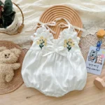 2025 Summer Charming Sleeveless Bow Tie Flower Embroidered Infant Newborn Girls