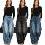 Women High Waist Wide Leg Jeans, Side Cutout Eyelet Rivet Denim Pants Loose Fit Hollow