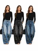 Women High Waist Wide Leg Jeans, Side Cutout Eyelet Rivet Denim Pants Loose Fit Hollow