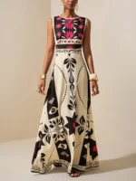 Elegant Red Floral Tribal Sleeveless Dress High Waist A Line Maxi Gown Outfits - Image 4