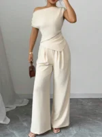Elegant Pure Color Ladies Asymmetric Top And Wide Leg Pants 2-Piece Set for Commuting - Image 2