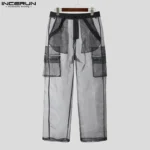 INCERUN 2025 Men Pants Mesh Gradient Button Oversize Pockets Straight Trousers Men - Image 4