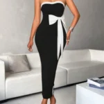 Ladies Fashion Elegant Color Block Knot Design One Shoulder Dress Stylish Gracefu