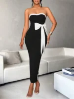 Ladies Fashion Elegant Color Block Knot Design One Shoulder Dress Stylish Gracefu