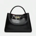 Black Stone-Patterned Handbag with Gold Rope Knot Buckle, Light Luxury Commuter Bag, 23cm