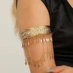 2026 Trendy Fashion Egyptian Golden Metal Coin Leaf Chain Tassel Upper Arm Cuff Bracelet