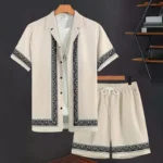 2024 New Men's Summer Holiday Suit Retro Textured Printed Border Shirt Shor - Image 2