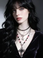 3pcs Gothic Layered Star, Cross, Faux Pearl Tassel Choker Necklace - Image 2