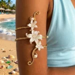 Boho Elegant White Flower Open Cuff Armlet for Women Vintage Gold Color Wire Wrapped Adjustable