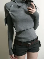 Y2k Korean Fashion Slim Batwing Sleeve Autumn Sweaters 2000s Pure Color Subculture - Image 6
