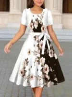 Women Floral Print A-Line Dress O Neck Short Sleeve Tie Waist Casual Midi Dress - Image 4