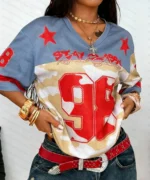 2026 Summer New Retro No.98 Print T-Shirt For Women V-Neck Camouflage Short - Image 2