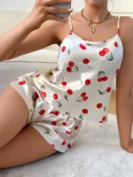 Women's 2Pcs Cherry Print Pajama Set Round Neck Cami Top and Shorts Cute - Image 5