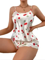 Women's 2Pcs Cherry Print Pajama Set Round Neck Cami Top and Shorts Cute - Image 6