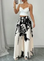 Women Black Ink Floral Print Wide Leg Pants Elastic High Waist Silky Satin Palazzo Trousers Summer - Image 2