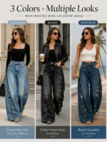 Women High Waist Wide Leg Jeans, Side Cutout Eyelet Rivet Denim Pants Loose Fit Hollow - Image 7