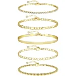 Bobisty 5Pcs Ankle Bracelets 14K Gold Plated Waterproof Stainless Steel Cuban Link