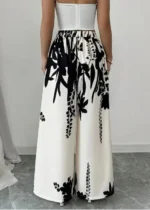 Women Black Ink Floral Print Wide Leg Pants Elastic High Waist Silky Satin Palazzo Trousers Summer - Image 4
