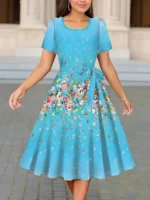 Women Floral Print A-Line Dress O Neck Short Sleeve Tie Waist Casual Midi Dress - Image 5