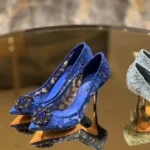 Mesh lace high-heeled shallow mouth shoes 2026 new pointed crystal buckle slim heel