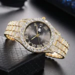 Luxury Classic Golden Men's Steel Strap Roman Scale Rhinestone Calendar Quartz Watch Fashion Male Wristwatch Relogio Masculino - Image 2