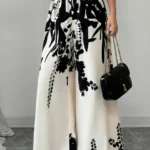 Women Black Ink Floral Print Wide Leg Pants Elastic High Waist Silky Satin Palazzo Trousers Summer