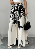 Women Black Ink Floral Print Wide Leg Pants Elastic High Waist Silky Satin Palazzo Trousers Summer