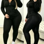 Cozy Skin-Friendly Solid Color Curvy Oversized Tracksuit, Zip Hoodie Matched With Joggers, Comfortable
