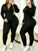 Cozy Skin-Friendly Solid Color Curvy Oversized Tracksuit, Zip Hoodie Matched With Joggers, Comfortable