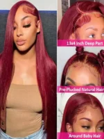 99J Burgundy Straight Wig 200% Density Remy Hair 13x6 HD Transparent Lace Frontal - Image 2