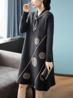 Women Red Print Knitted Cotton Long Sleeve Midi Dress Autumn Luxury Chic Sweater Dress 2024 Korean Vintage Elegant Prom Vestidos - Image 2