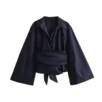 New Women's Fashion Casual Polo Neck Bow Tie up Short - Image 2