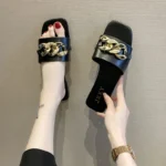 Wide Fit Slip-On Metal Chain Decor Slides For Women, Breathable Open-Toe Summer - Image 3