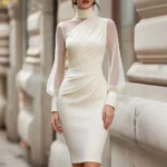 Women Mock Neck Mesh Long Sleeve Midi Dress Asymmetric Ruched - Image 2