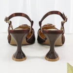 Brown Satin Rhinestone Slingback Pointed Pumps Scalloped Chain Evening Clutch Women - Image 2