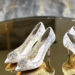 Mesh lace high-heeled shallow mouth shoes 2026 new pointed crystal buckle slim heel - Image 3