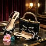 Elegant Black Satin Rhinestone Bow Slingback Heels & Clutch Bag Set, Women