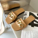 Wide Fit Slip-On Metal Chain Decor Slides For Women, Breathable Open-Toe Summer - Image 4