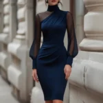 Women Mock Neck Mesh Long Sleeve Midi Dress Asymmetric Ruched
